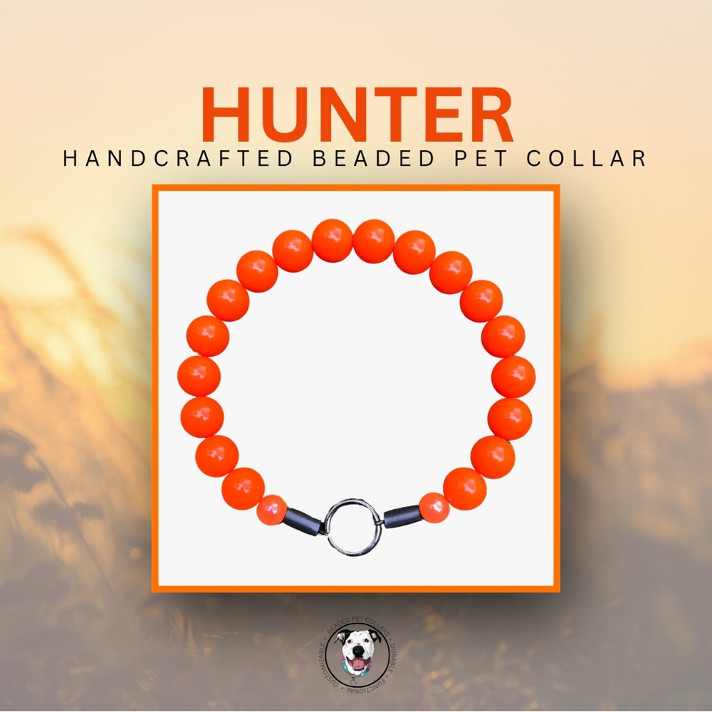 Handcrafted Beaded Dog Collar - Hunter - Neon Orange Acrylic Beads